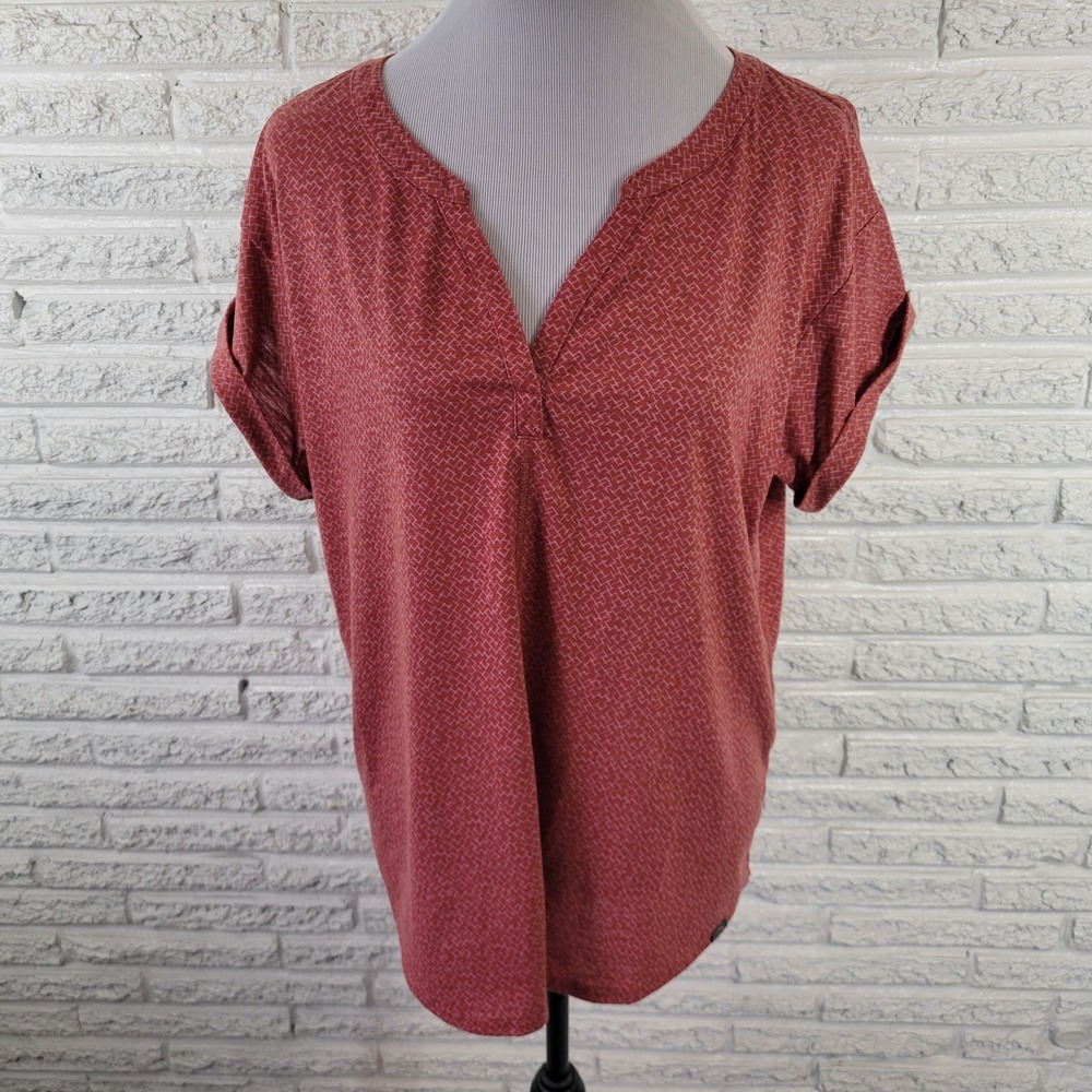 LL Bean Women's XL Top Brown Geometric V-Neck Short Sleeve Stretch Pullover